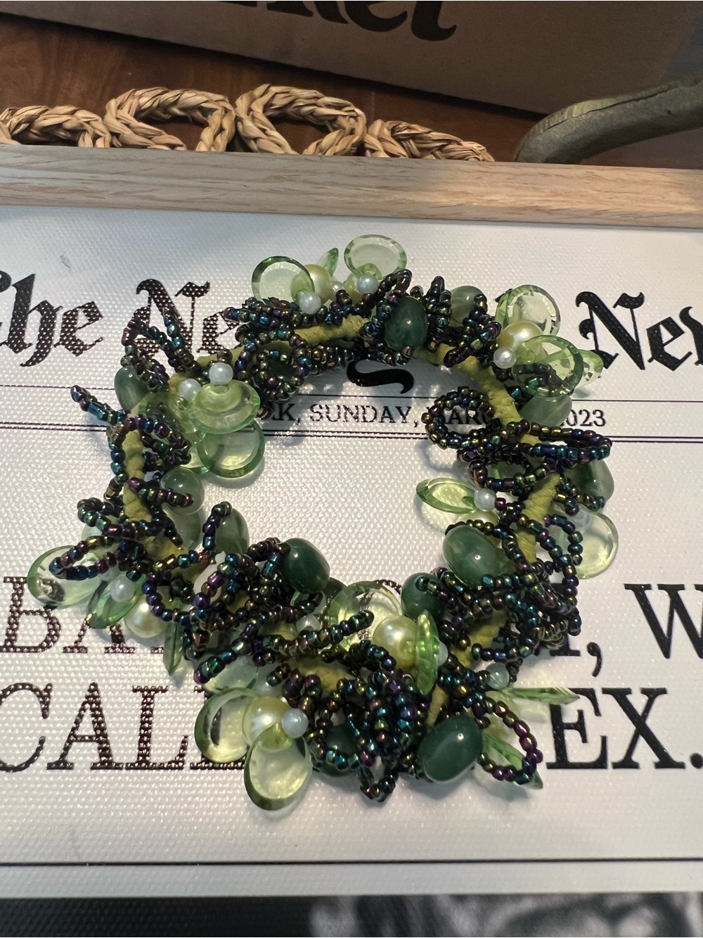 Handcrafted Green Bead and Pearl Statement hair tie.